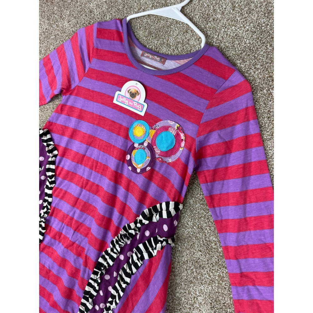 NEW Jelly the Pug Girls Pink Purple Striped Ruffle Applique Dress 12 Whimsy Boho